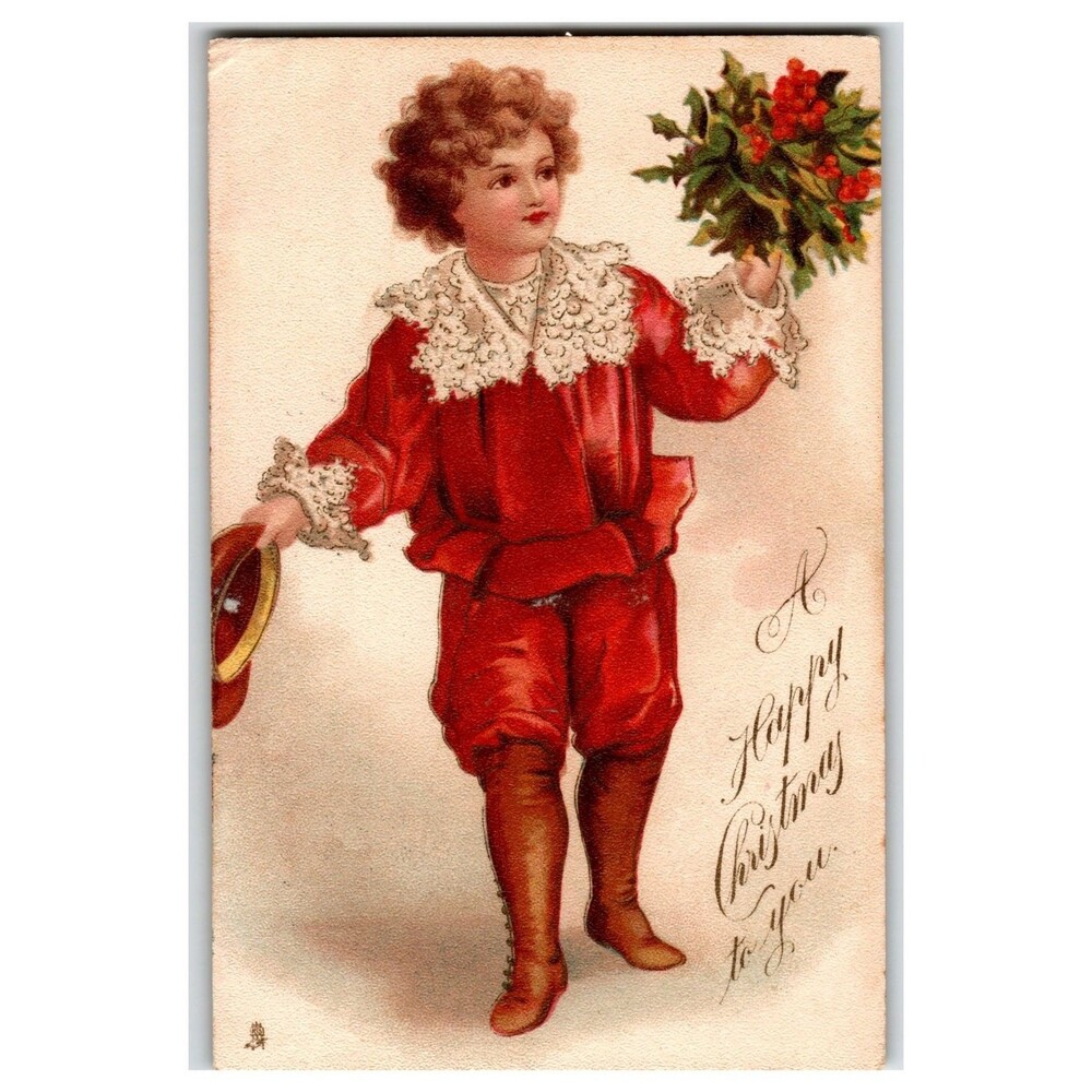Raphael Tuck Christmas Postcard Boy in Red Suit Holly 1907 Ellen Clapsaddle